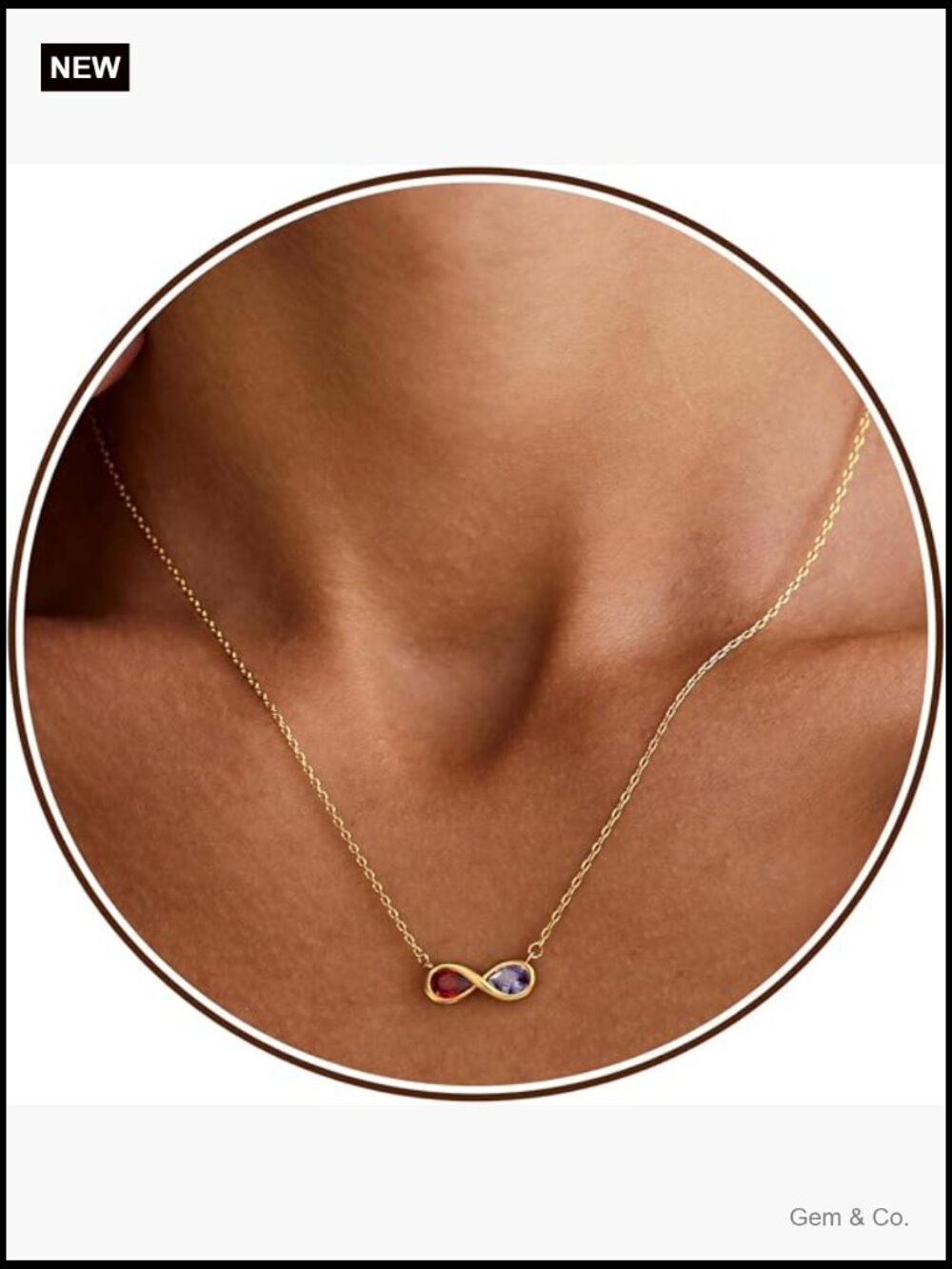 Gold Birthstone Pendant Necklace Dainty Infinity Double Birthstones 16 inch